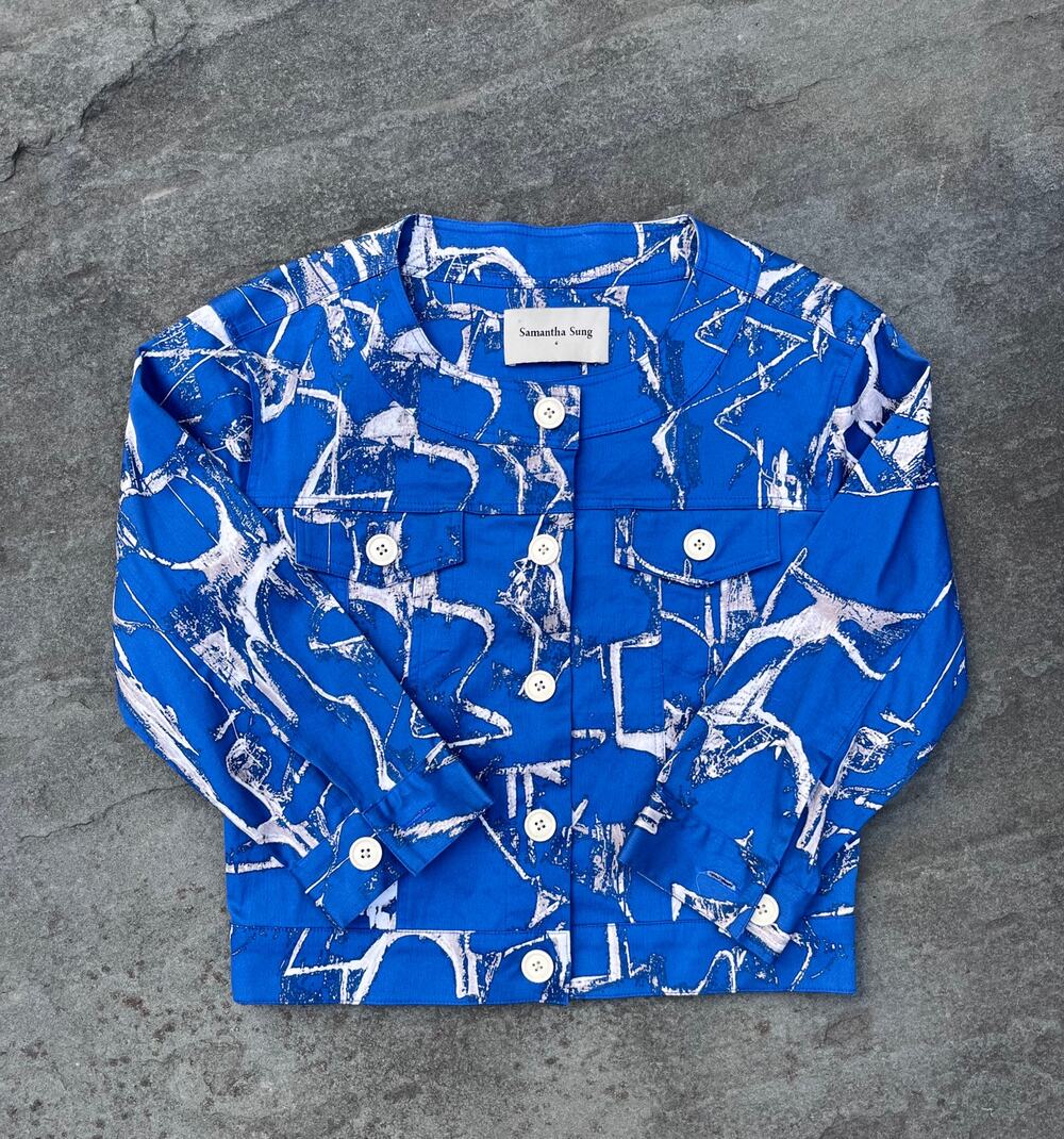 Samantha Sung Hand Printed Bali Cropped Jacket Blue White Abstract Cotton Size 6